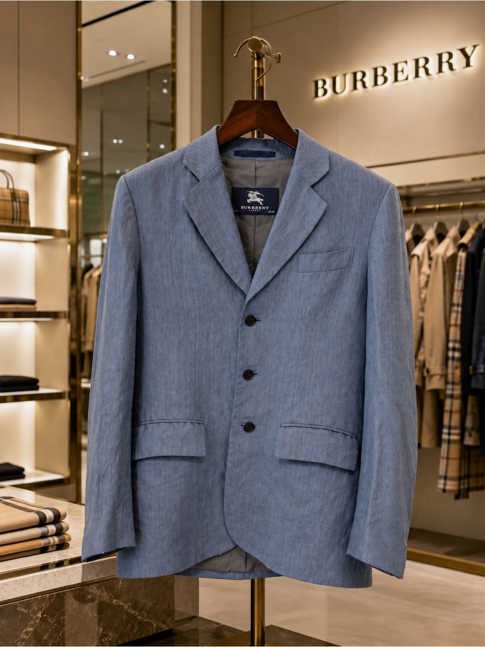 Burberry London Boys 15/16 Blue Linen Herringbone Blazer Made in England